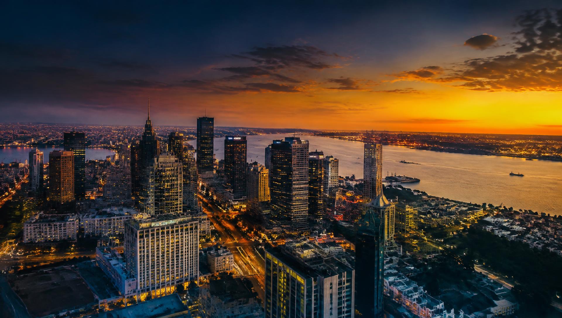 City skyline at dusk